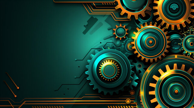 Abstract Mechanical Gears, Intricate Teal and Orange Cogwheel Design, Industrial Background