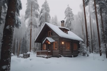 Cozy wooden house in a snowy forest during winter. It radiates coziness, warm home and tranquility, offering a serene retreat amidst the wintry landscape.