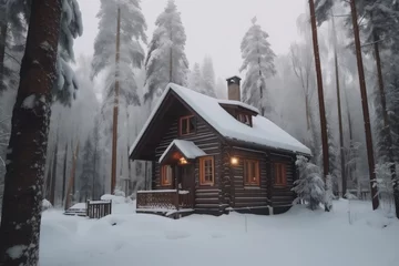 Fotobehang Cozy wooden house in a snowy forest during winter. It radiates coziness, warm home and tranquility, offering a serene retreat amidst the wintry landscape. © Ilia