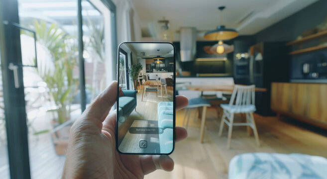 Realistic shot of a person holding an AR mobile app on their smartphone, with the screen showing virtual furniture and smart home features in augmented reality