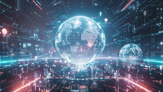 An immersive 3D animation displaying a holographic representation of planet Earth within a futuristic digital command center, showcasing global connectivity and high-tech surveillance