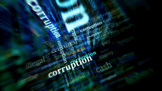 Corruption bribery and payola headline news titles across media. Abstract concept displays loop. Flight between screens with glitch effect seamless looped 3d.
