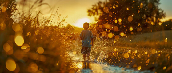 A young boy is splashing in a field of grass, warm glow scene