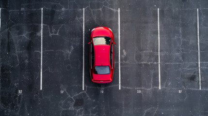 Red car in an empty parking lot, aerial view. Parked car, top view.