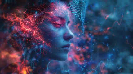 A woman with closed eyes stands as her face is bathed in bright lights, creating a surreal and captivating visual effect