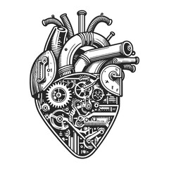 heart with intricate steampunk gears and mechanical components. Sketch engraving generative ai raster illustration. Scratch board imitation. Black and white image. - obrazy, fototapety, plakaty