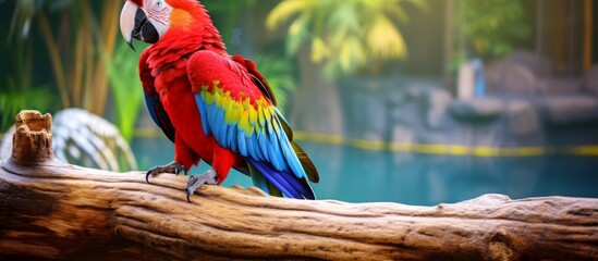 A vibrant macaw perched on a wooden log by the water, with its colorful feathers, beak, and wings contrasting against the green terrestrial plants nearby