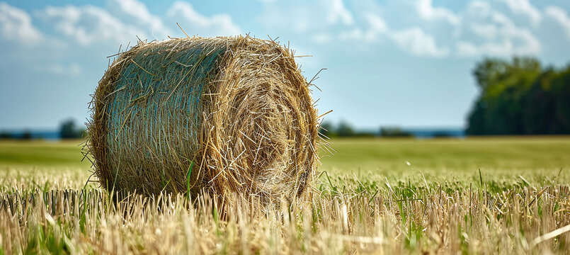 haystack lay on grassy plain under huge blue sky natural landscape