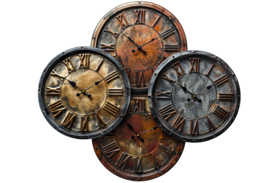 Group of Three Clocks Stacked. On a Clear PNG or White Background.