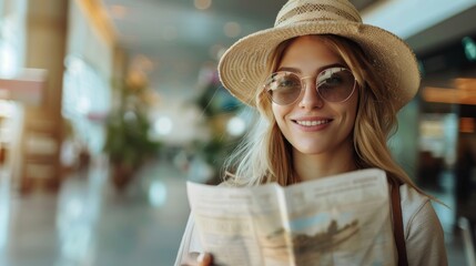 Smiling woman in her 40s wearing a straw hat and sunglasses indoors - obrazy, fototapety, plakaty