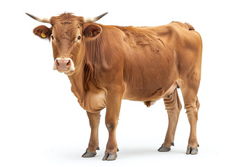 Brown or red cattle cow standing isolated on white background, side view, full body shot.