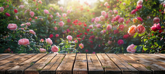 Empty wooden table on rose garden background - obrazy, fototapety, plakaty
