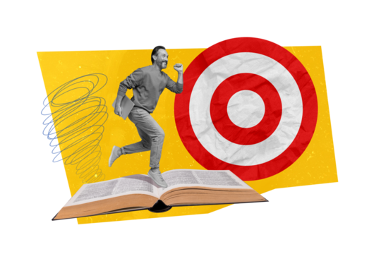 Poster banner collage of company owner guy reader financial book run fast for start up goals achievement