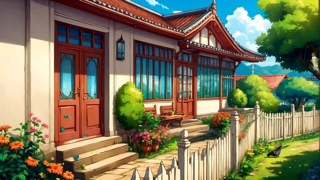 Animation Beautiful garden house frontage with fence, dancing butterflies, doves Seamless looping 4k time-lapse animation video background
