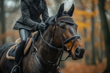 A male equestrian is saddled up for dressage on training or competition - Unrecognizable closeup, focusing on the hands, saddle, reins, and mane. Concept of pet owners and people who enjoy animals.