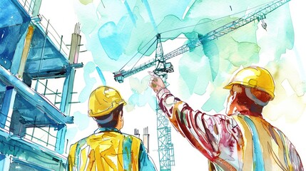 watercolor painting of a construction engineer Monitoring progress and supervising work in the field. - obrazy, fototapety, plakaty