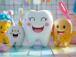 3D animation where a new tooth character is welcomed by bacteria and toothbrush characters, teaching the importance of early dental care and making dental hygiene approachable for children