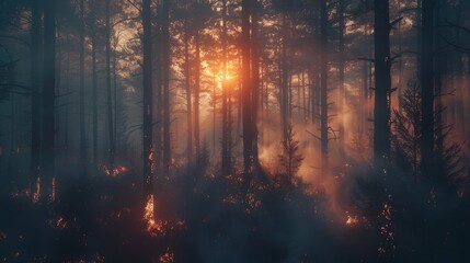 Forest fire burns through the trees. - obrazy, fototapety, plakaty