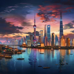 Zelfklevend Fotobehang Panoramic Twilight Vista of Iconic Asian Skyscrapers: A Fusion of Architectural Wonders and Diverse Cultures © Alta