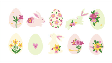 Easter Eggs and bunnies. Set of vector simple modern illustrations in flat style. Colored Easter eggs and rabbits with spring flowers