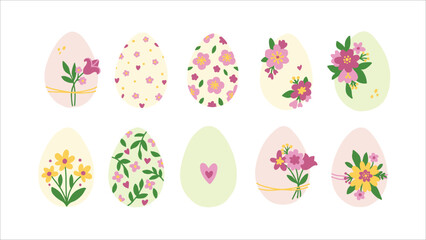Easter Eggs. Set of vector simple modern illustrations in flat style. Colored Easter eggs with spring flowers
