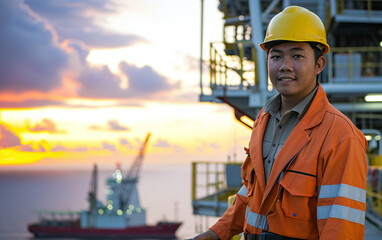 Portrait of smiling offshore worker wearing uniform standing on oil and gas rig.