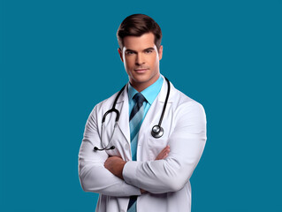 Fototapeta premium Male doctor in white coat with arms crossed against blue background