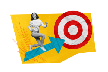 Magazine banner collage of excited young business lady research successful strategy for career start up direct for aim achievements