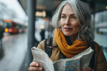 Foto op Canvas Mature woman in her 50s with a map at a bus station on an overcast day © Georgii