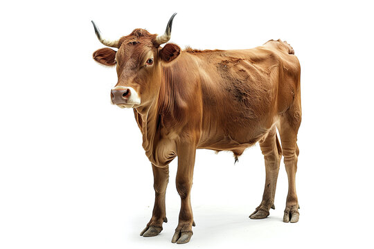 Brown or red cattle cow standing isolated on white background, side view, full body shot. livestock meat photos.