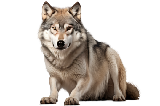 Wolf Sitting and Looking at Camera. On a Clear PNG or White Background.