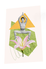 Creative retro 3d magazine collage image of dreamy lady enjoying yoga standing lily flower isolated painting background