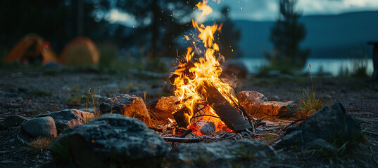 Burning bonfire in the evening, camping concept in outdoor colors, tourist camp