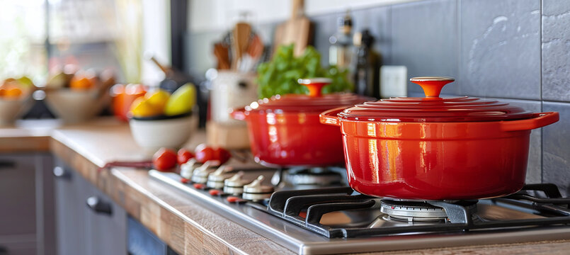 pots stand on the stove in a modern light kitchen