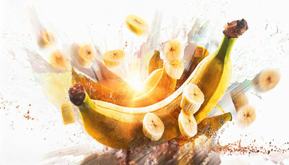 Explosion de bananes sur fond blanc - obrazy, fototapety, plakaty