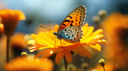 Obraz premium Butterfly closeup on orange flower in nature, outside in spring summer on a bright sunny day, daisy field, spring and summer is coming