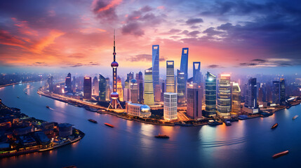 Panoramic Twilight Vista of Iconic Asian Skyscrapers: A Fusion of Architectural Wonders and Diverse Cultures