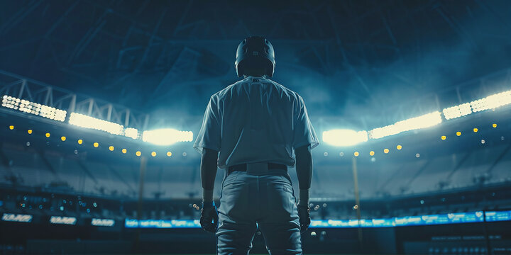baseball player standing ready in the middle of baseball arena stadium