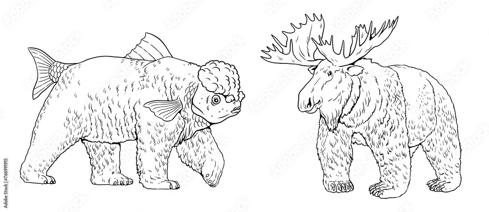 Wall mural coloring page with the animals mutants: bear with moose head and with fish head. coloring book with 