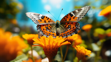 Fototapeta na wymiar Butterfly closeup on orange flower in nature, outside in spring summer on a bright sunny day, daisy field, spring and summer is coming