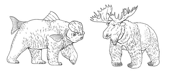Coloring page with the animals mutants: Bear with moose head and with fish head. Coloring book with fantasy creatures.