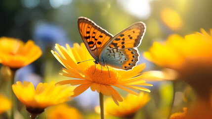 Fototapeta na wymiar Butterfly closeup on orange flower in nature, outside in spring summer on a bright sunny day, daisy field, spring and summer is coming