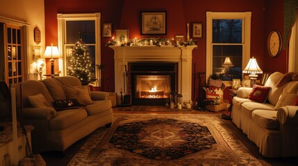 A cozy living room with a fireplace, Christmas tree, and presents. The room is decorated in warm, inviting colors and has a soft, inviting glow.