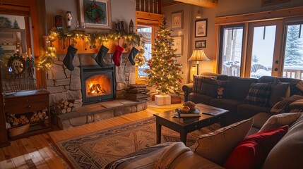 Fototapeta na wymiar A cozy living room with a fireplace, Christmas tree, and comfortable seating.