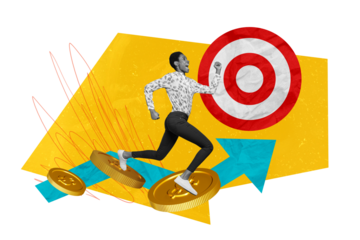 Creative photo illustration collage of energetic ambitious funny woman running towards her goal on coins isolated drawing background