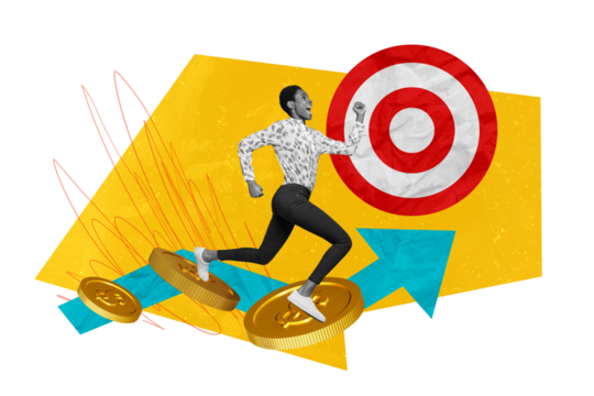 Creative photo illustration collage of energetic ambitious funny woman running towards her goal on coins isolated drawing background