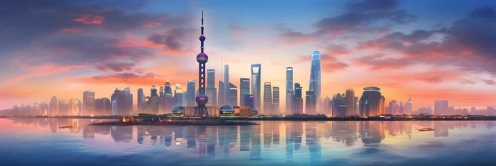 Foto op Canvas Panoramic Twilight Vista of Iconic Asian Skyscrapers: A Fusion of Architectural Wonders and Diverse Cultures © Alta