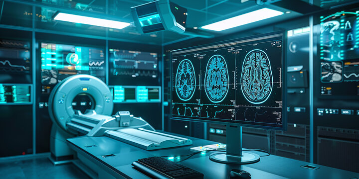 Advanced medical technology demonstrating brain MRI images for neurological research and diagnostics in clinical settings.