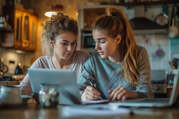 Two young women working on a laptop together at a kitchen table in a cozy home environment