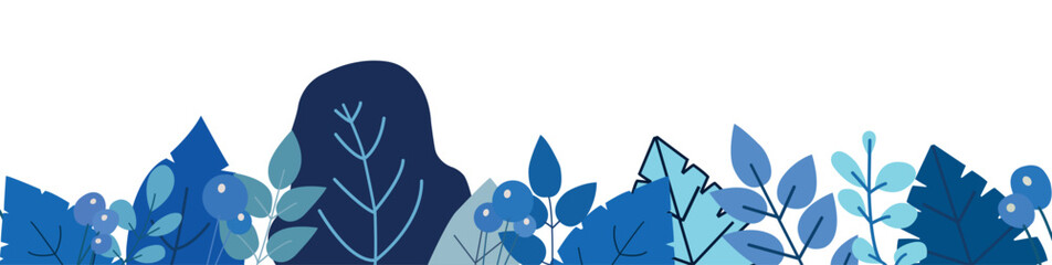 Blue vector tropical pattern on a white background. A horizontal vector with blue leaves on a white background. Seamless pattern with leaves in red tones. Put your logo on it. Vector banner